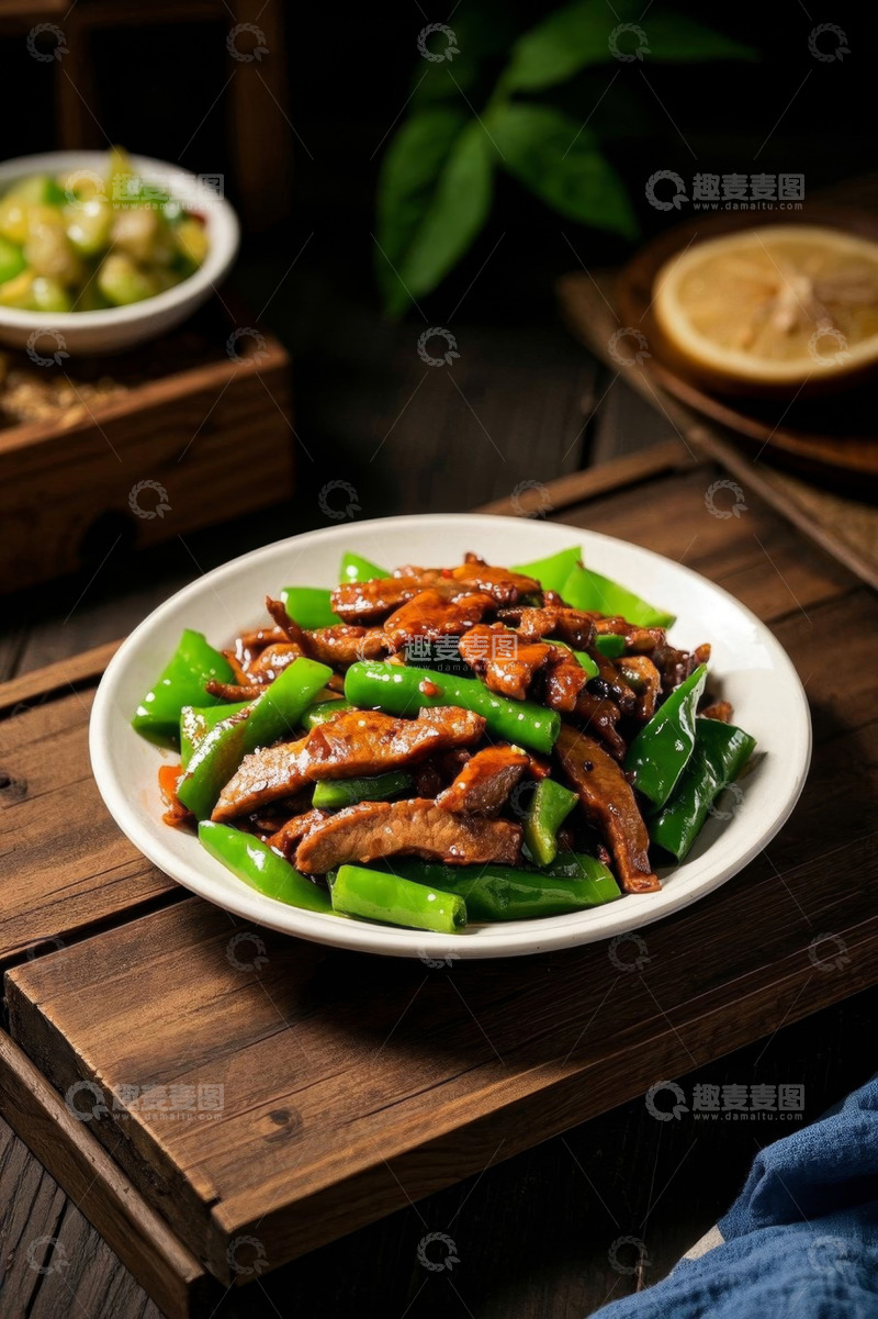 高清大图下载【趣麦麦图】木桌上的青椒炒肉菜肴