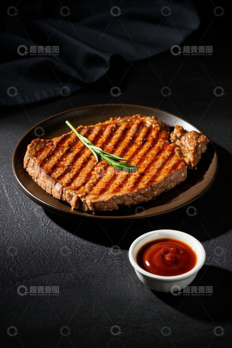 高清大图下载【趣麦麦图】摆盘精致的牛排与蘸酱