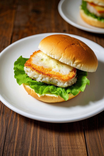 木桌上的美味鱼肉汉堡