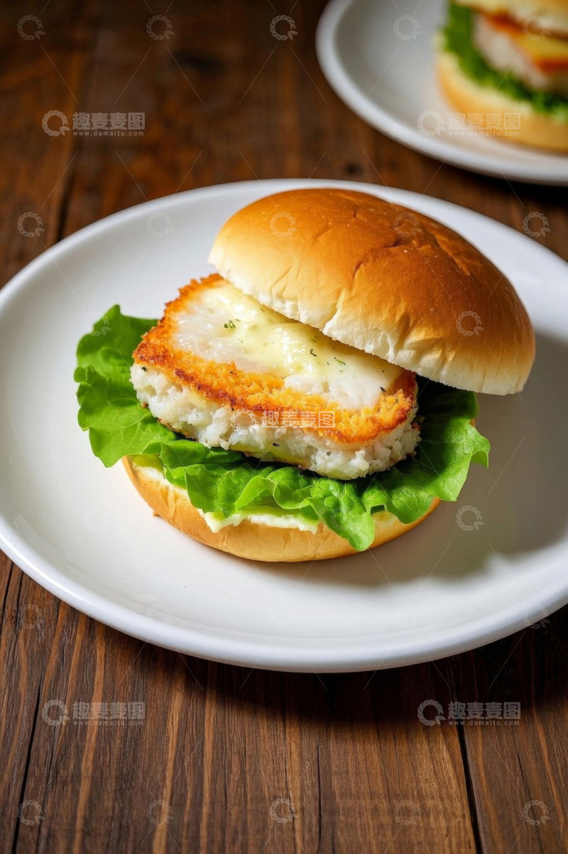 高清大图下载【趣麦麦图】木桌上的美味鱼肉汉堡