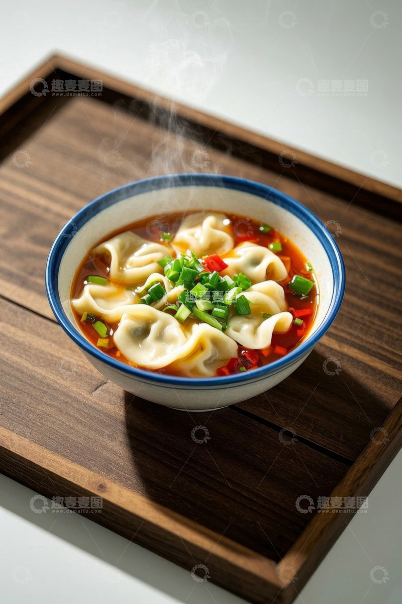 高清大图下载【趣麦麦图】木盘上的一碗热气腾腾饺子