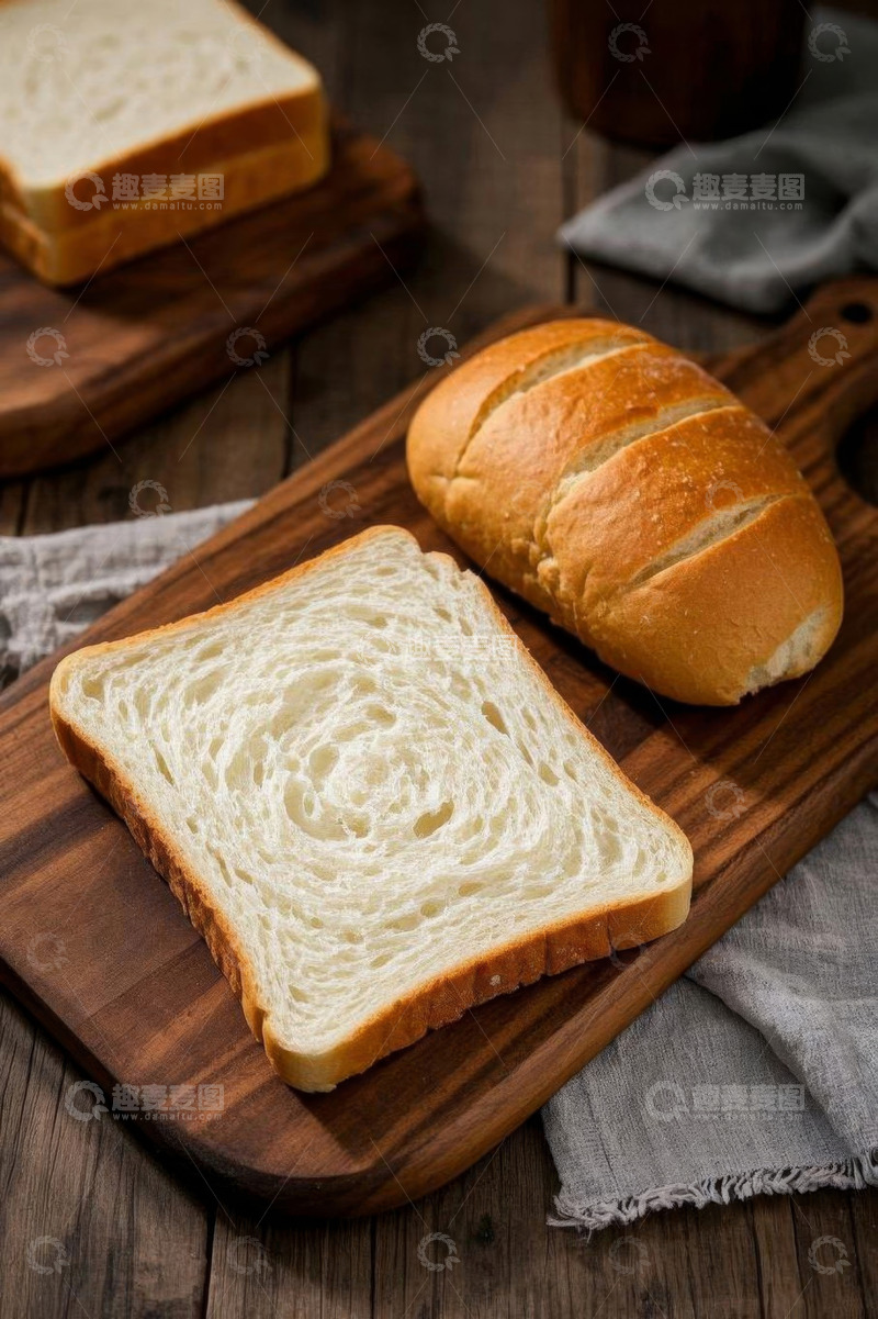 高清大图下载【趣麦麦图】木制砧板上摆放的切片面包
