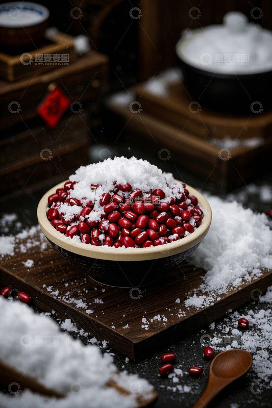 碗中覆雪红豆静物特写