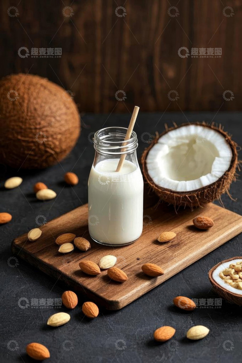 高清大图下载【趣麦麦图】玻璃瓶椰子奶与坚果静物