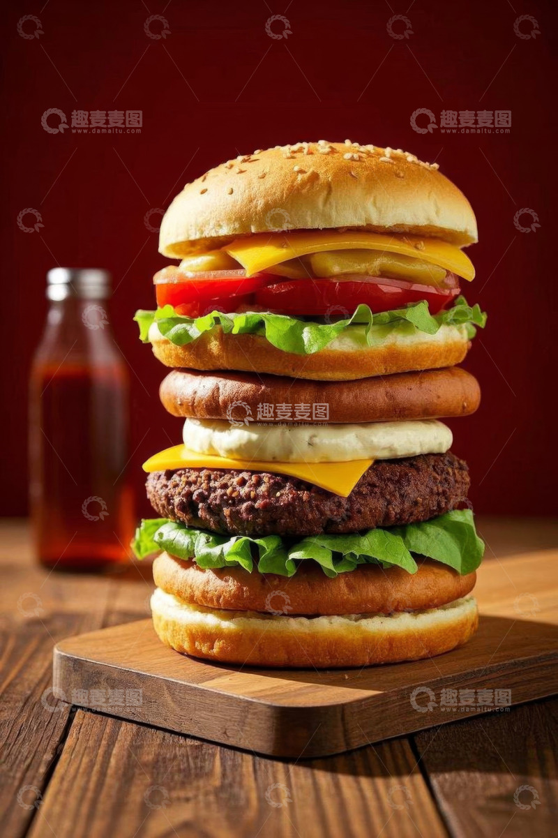 高清大图下载【趣麦麦图】堆叠多层食材的美味汉堡
