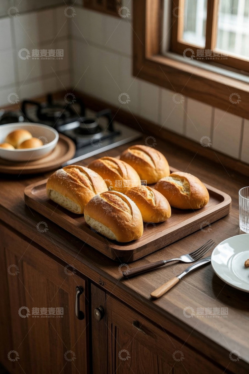 高清大图下载【趣麦麦图】厨房台面上摆放的新鲜面包