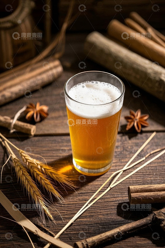 木桌上的一杯泡沫啤酒
