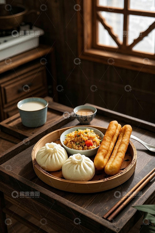 中式早餐组合摆放在木托盘上