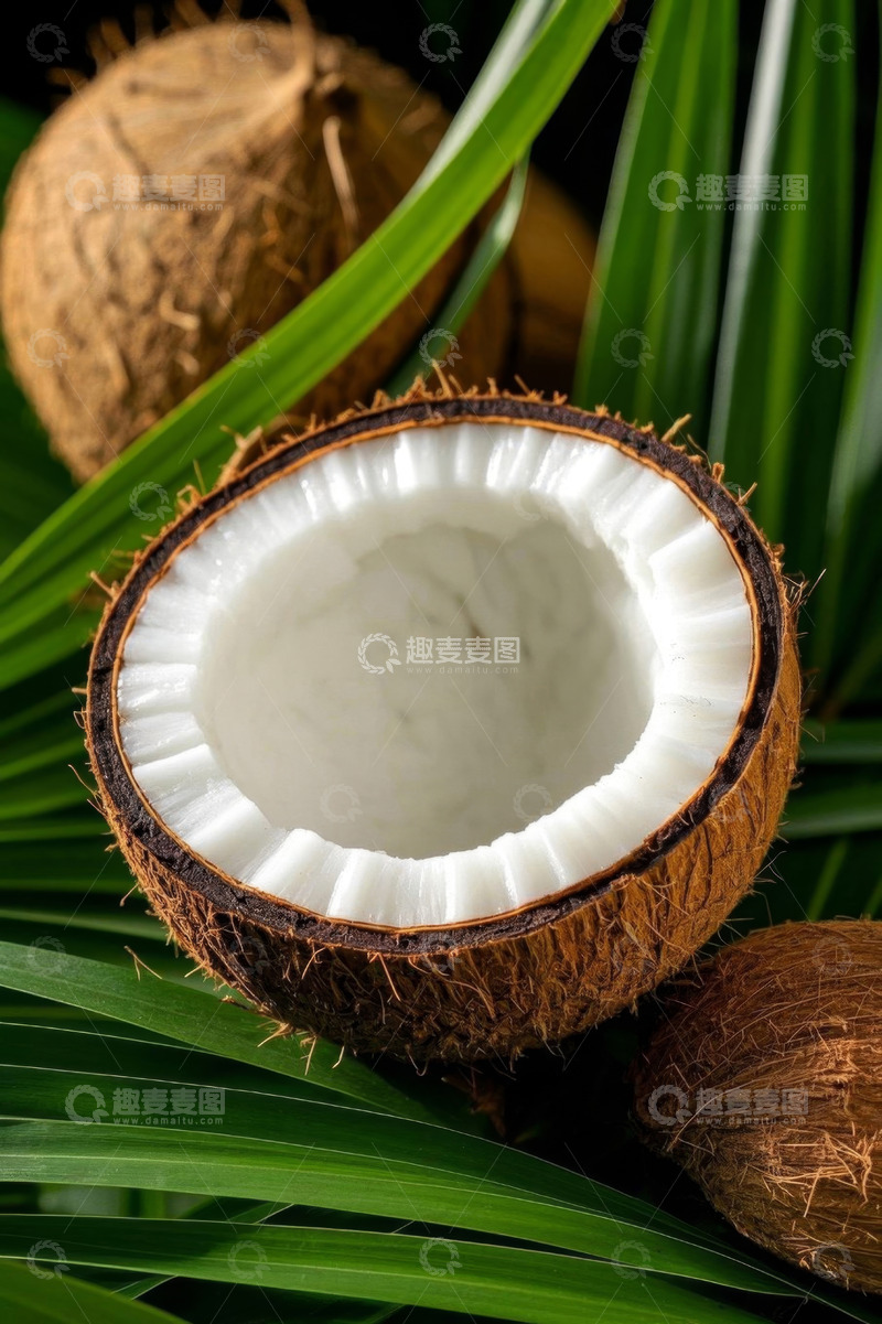 高清大图下载【趣麦麦图】切开的椰子与绿叶特写