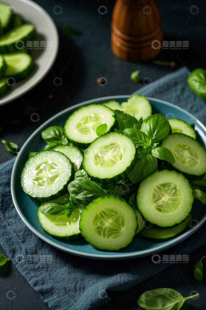 高清大图下载【趣麦麦图】蓝色盘中的黄瓜片与罗勒叶