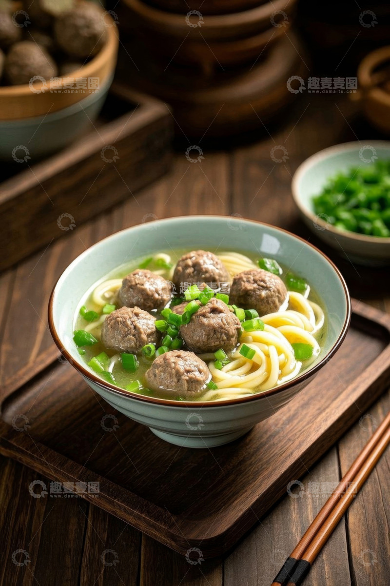 高清大图下载【趣麦麦图】木桌上的肉丸面条美食