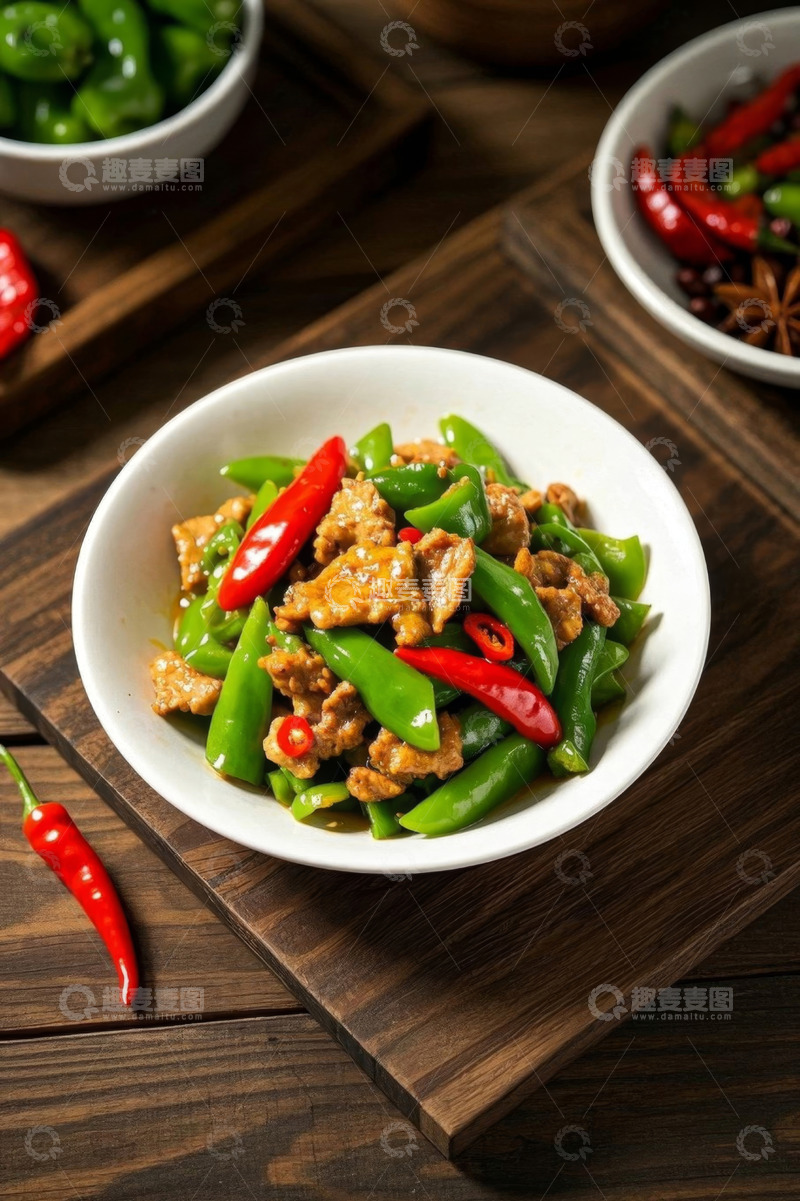 高清大图下载【趣麦麦图】白色碗装辣椒炒肉美食素材