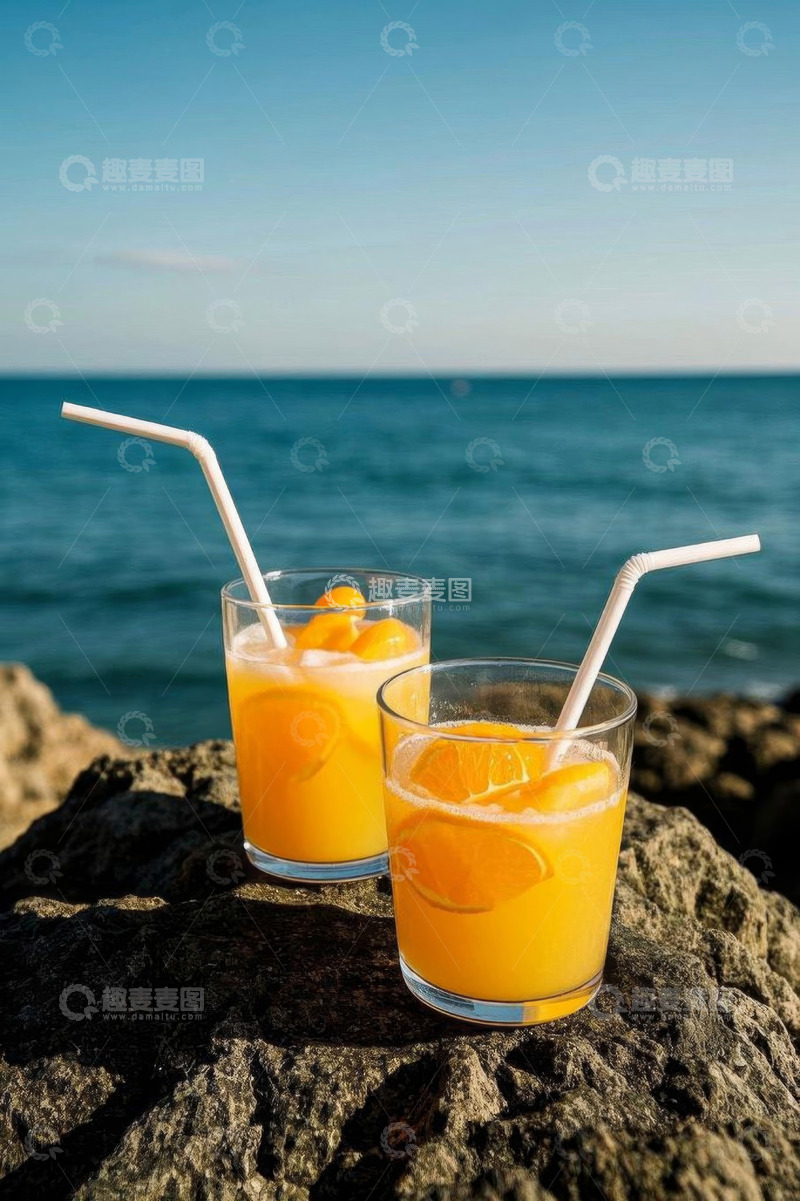 高清大图下载【趣麦麦图】海边岩石上的两杯橙汁