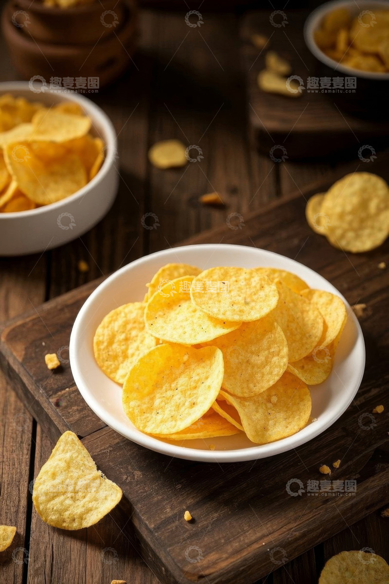 高清大图下载【趣麦麦图】木桌上摆放的多碗美味薯片