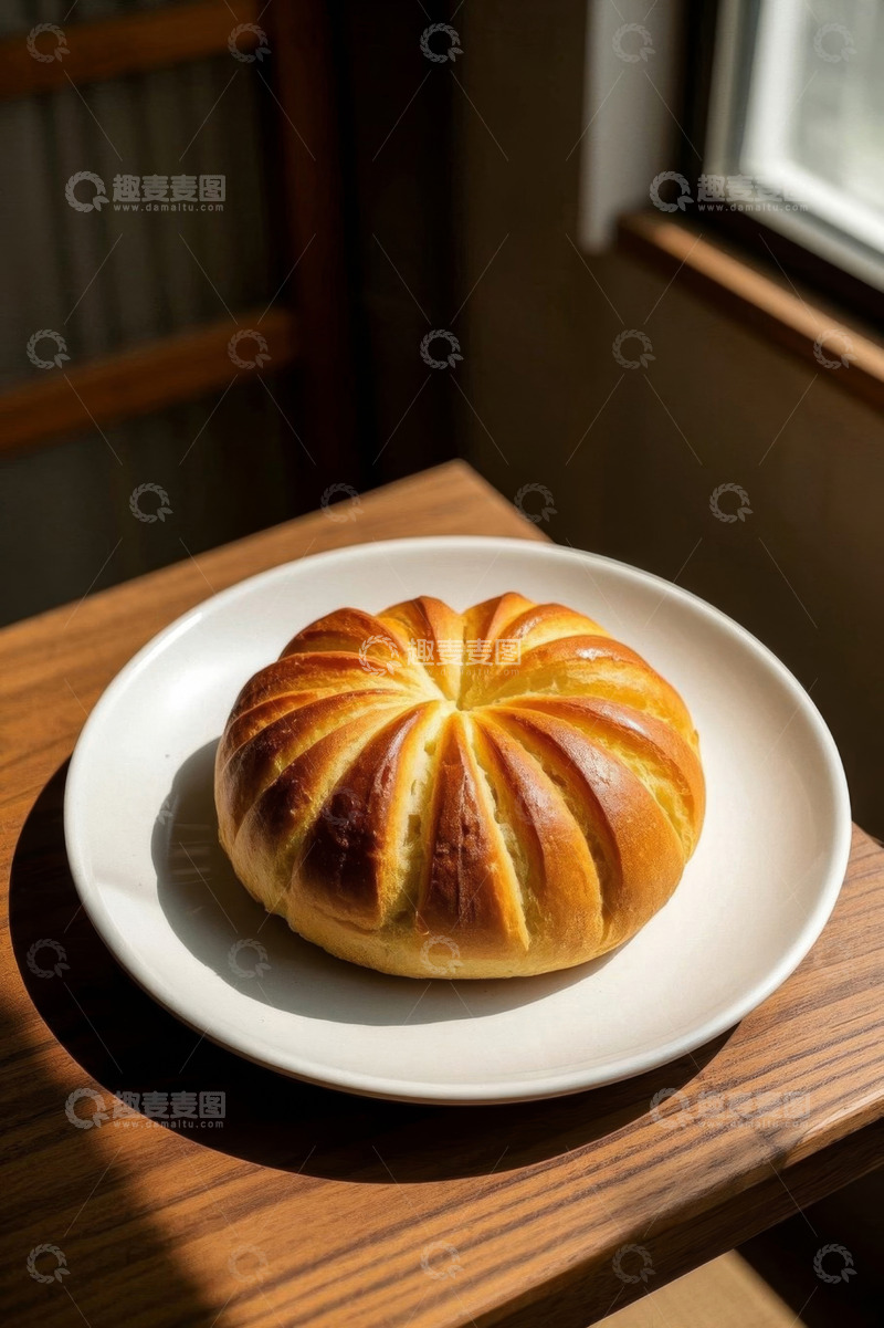 高清大图下载【趣麦麦图】木桌上白盘里的美味面包