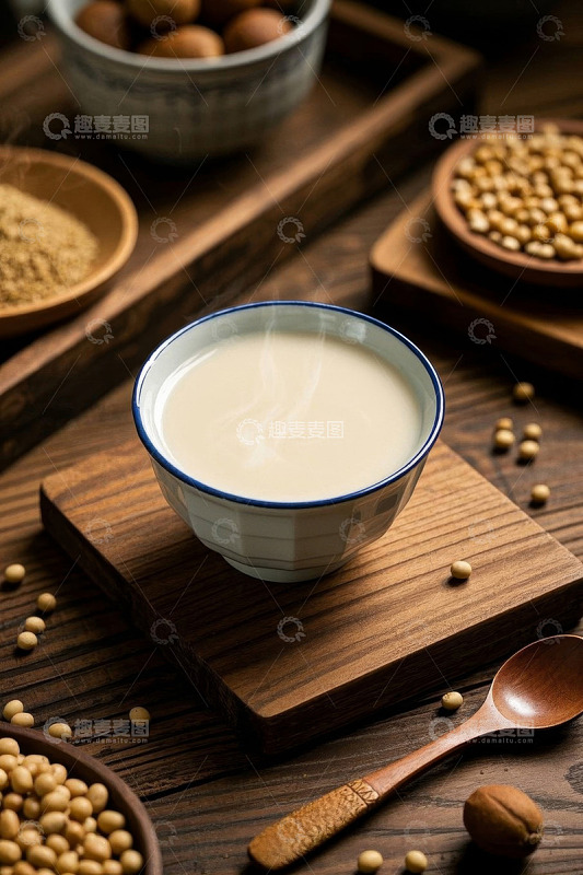 木桌上的一碗热气腾腾豆浆