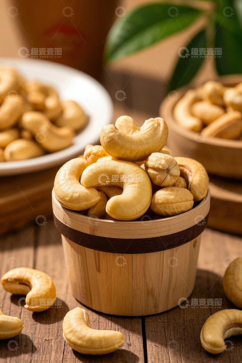高清大图下载【趣麦麦图】木容器中堆放的腰果特写