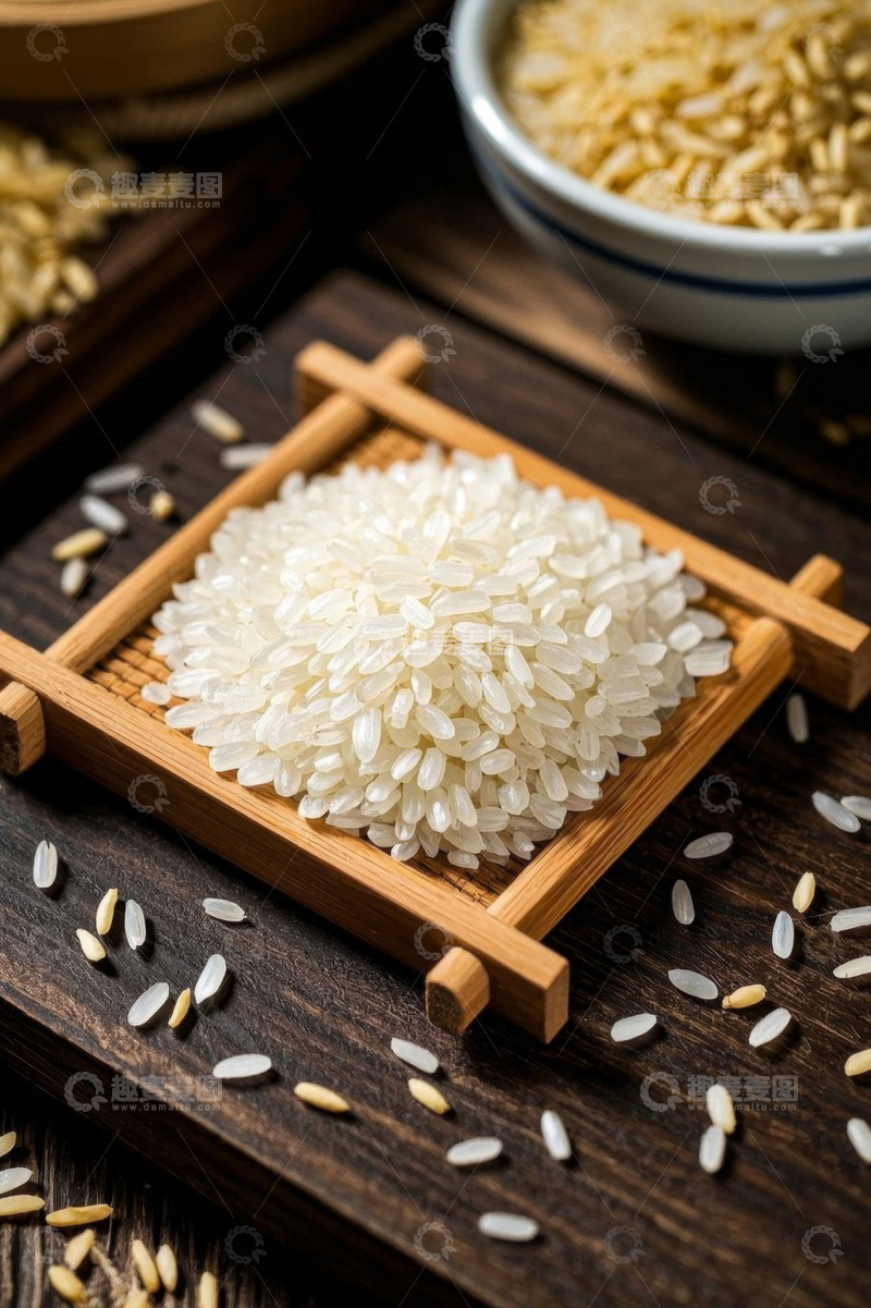 高清大图下载【趣麦麦图】木盘装盛的优质大米特写
