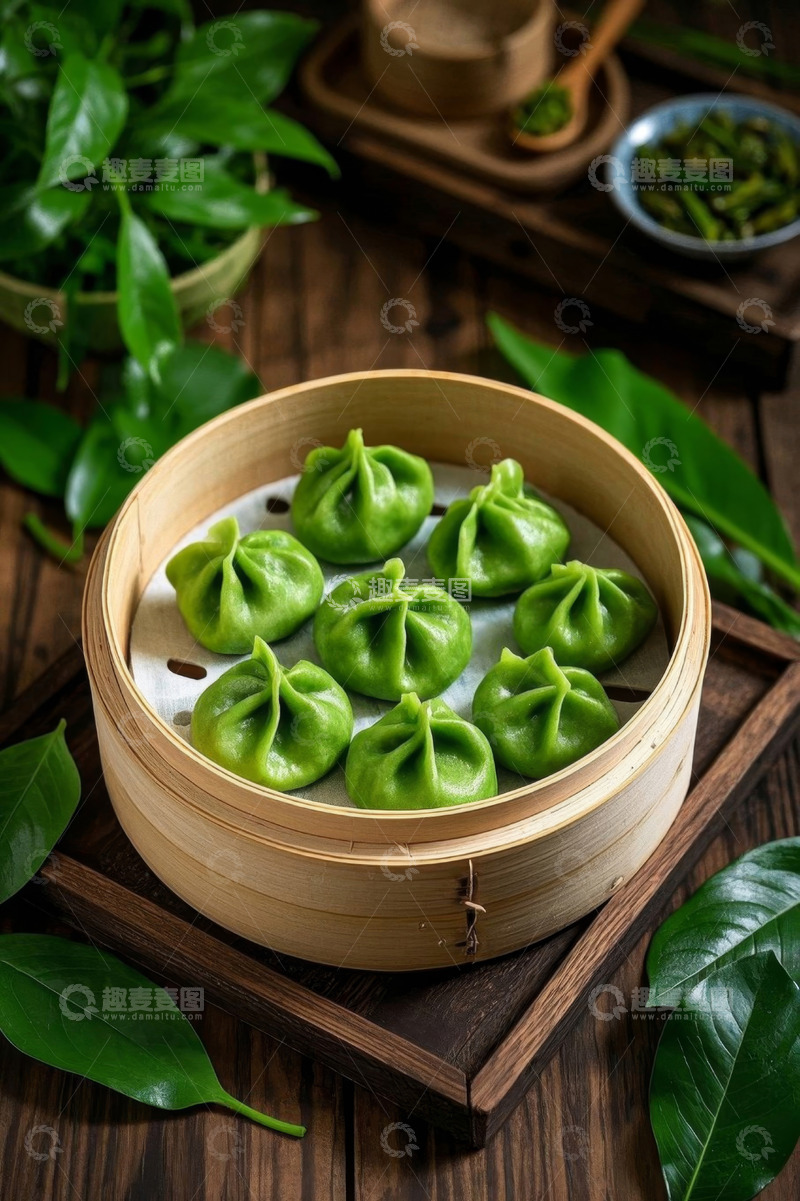 高清大图下载【趣麦麦图】竹制蒸笼里的绿色蒸饺