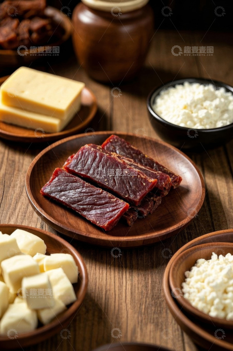 高清大图下载【趣麦麦图】木盘上的牛肉与奶制品组合