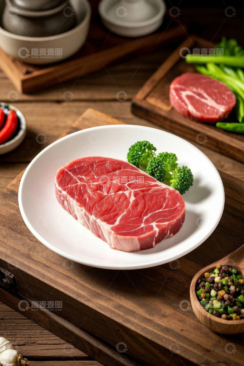 高清大图下载【趣麦麦图】白色盘中的新鲜牛肉与配菜
