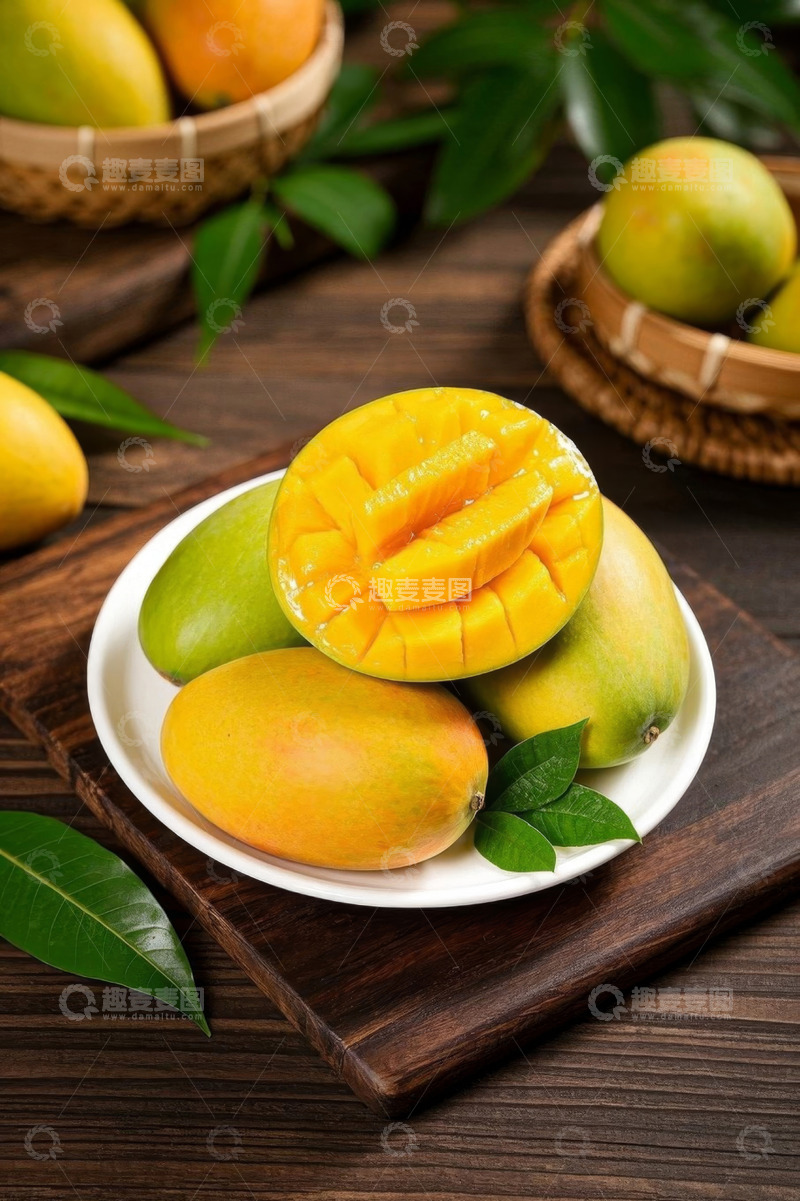 高清大图下载【趣麦麦图】木桌上白盘里的新鲜芒果