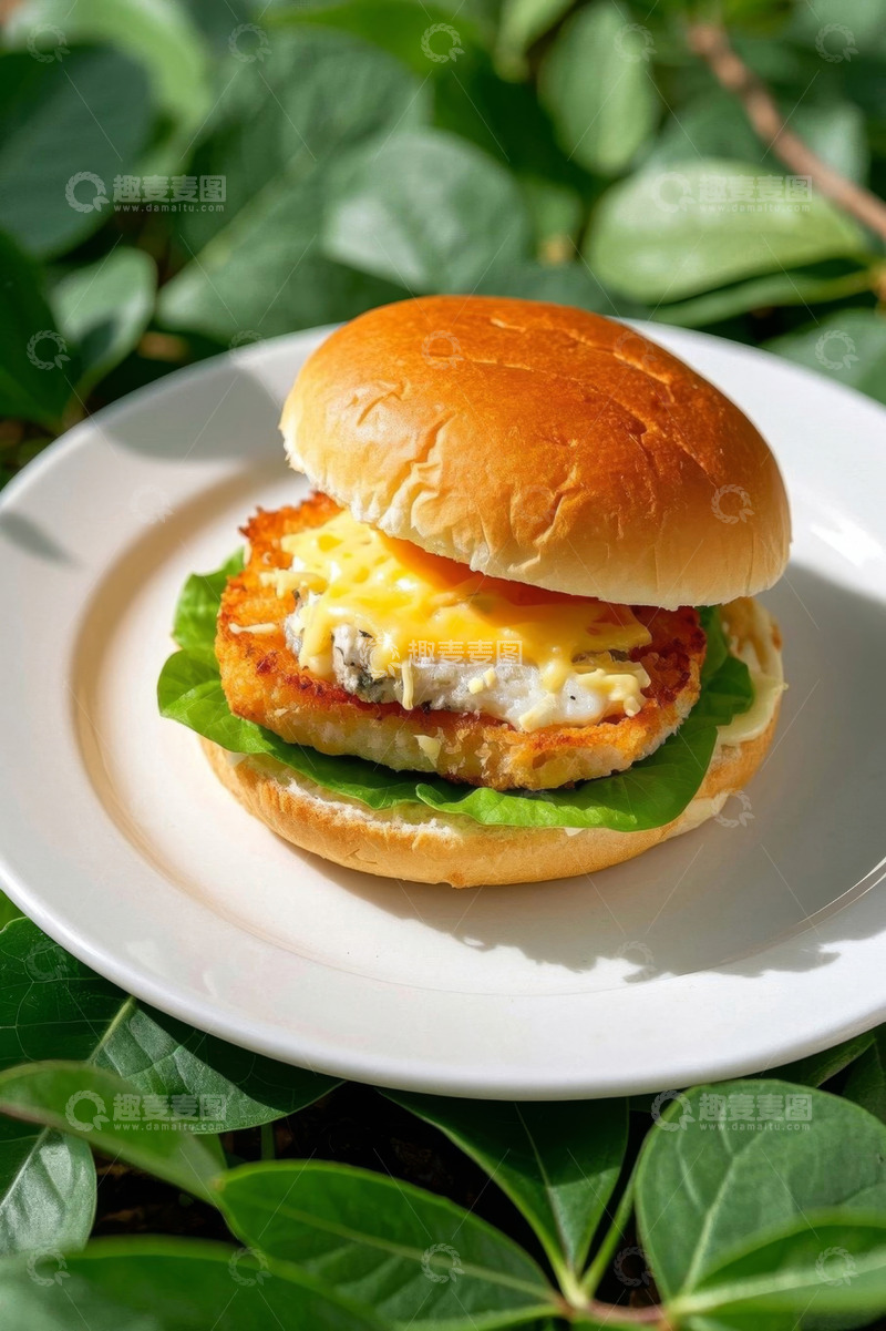 高清大图下载【趣麦麦图】盘中美味鸡肉汉堡