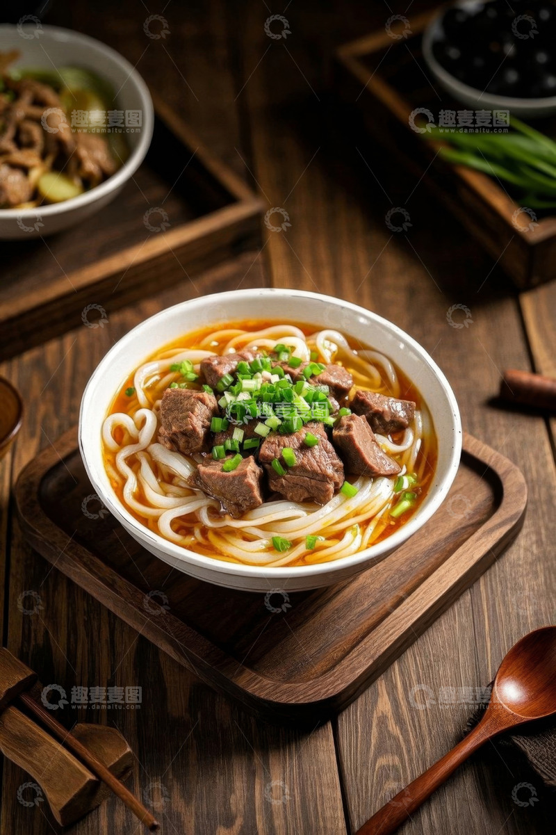 高清大图下载【趣麦麦图】木盘上的牛肉粉特写