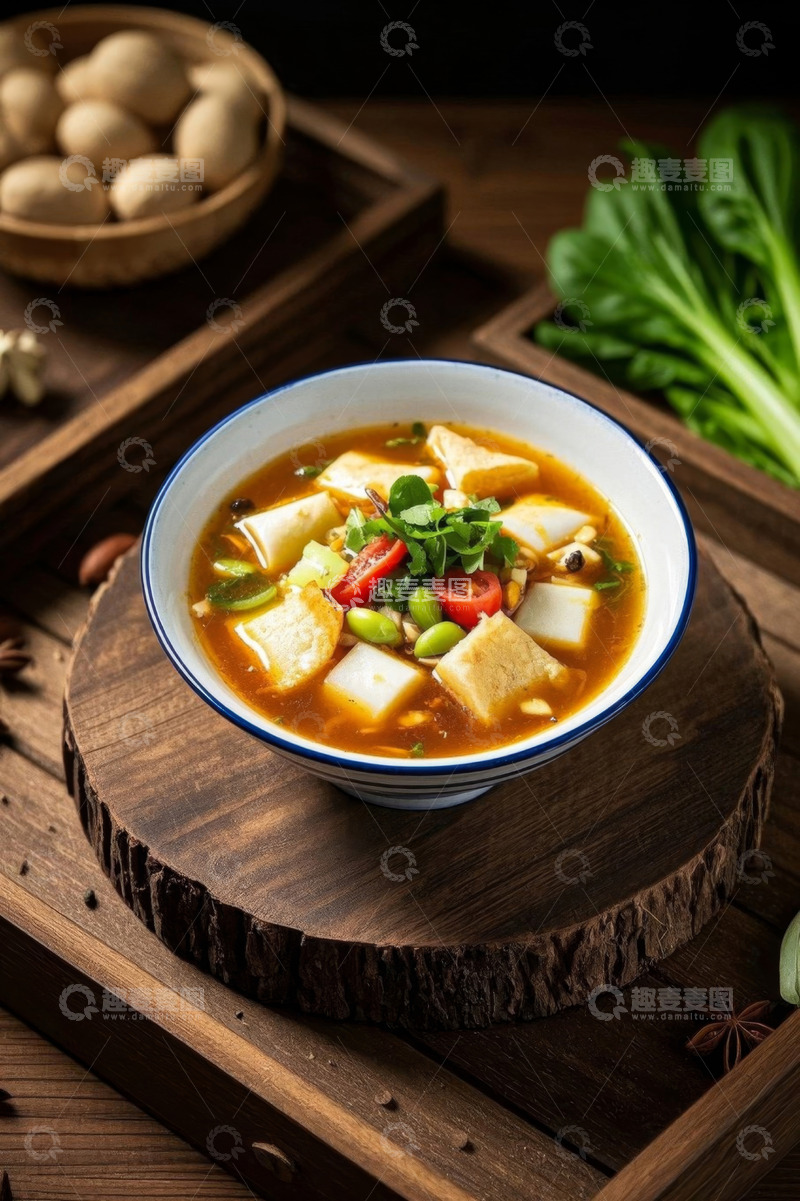 高清大图下载【趣麦麦图】碗装豆腐汤配蔬菜摆盘