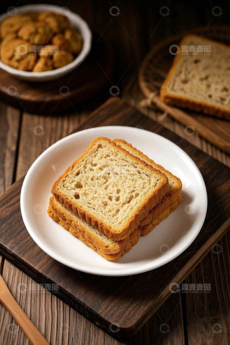 高清大图下载【趣麦麦图】木桌上白盘内的切片面包