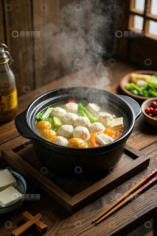 木桌上热气腾腾的肉丸蔬菜汤