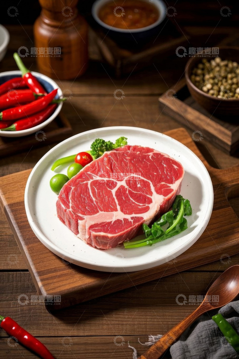 高清大图下载【趣麦麦图】木盘上的新鲜牛排与配菜