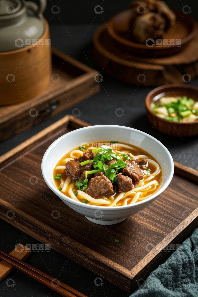 高清大图下载【趣麦麦图】木托盘上的牛肉面条