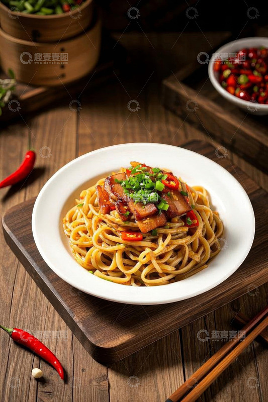 木桌摆盘的美味面条