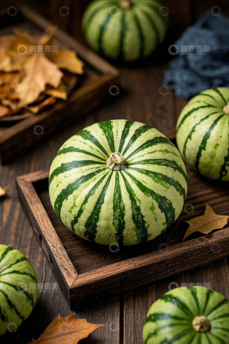 高清大图下载【趣麦麦图】木盘上摆放的条纹小南瓜