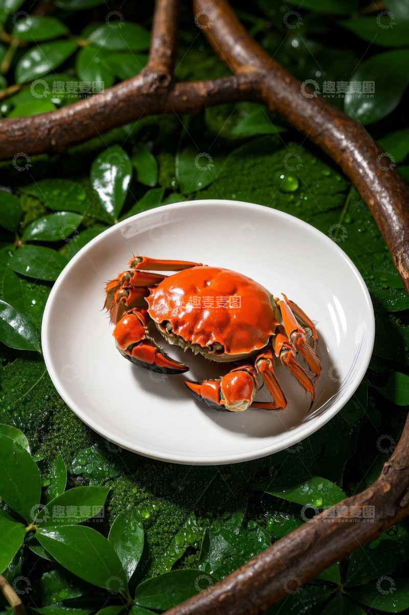 高清大图下载【趣麦麦图】盘中螃蟹与绿植背景画面