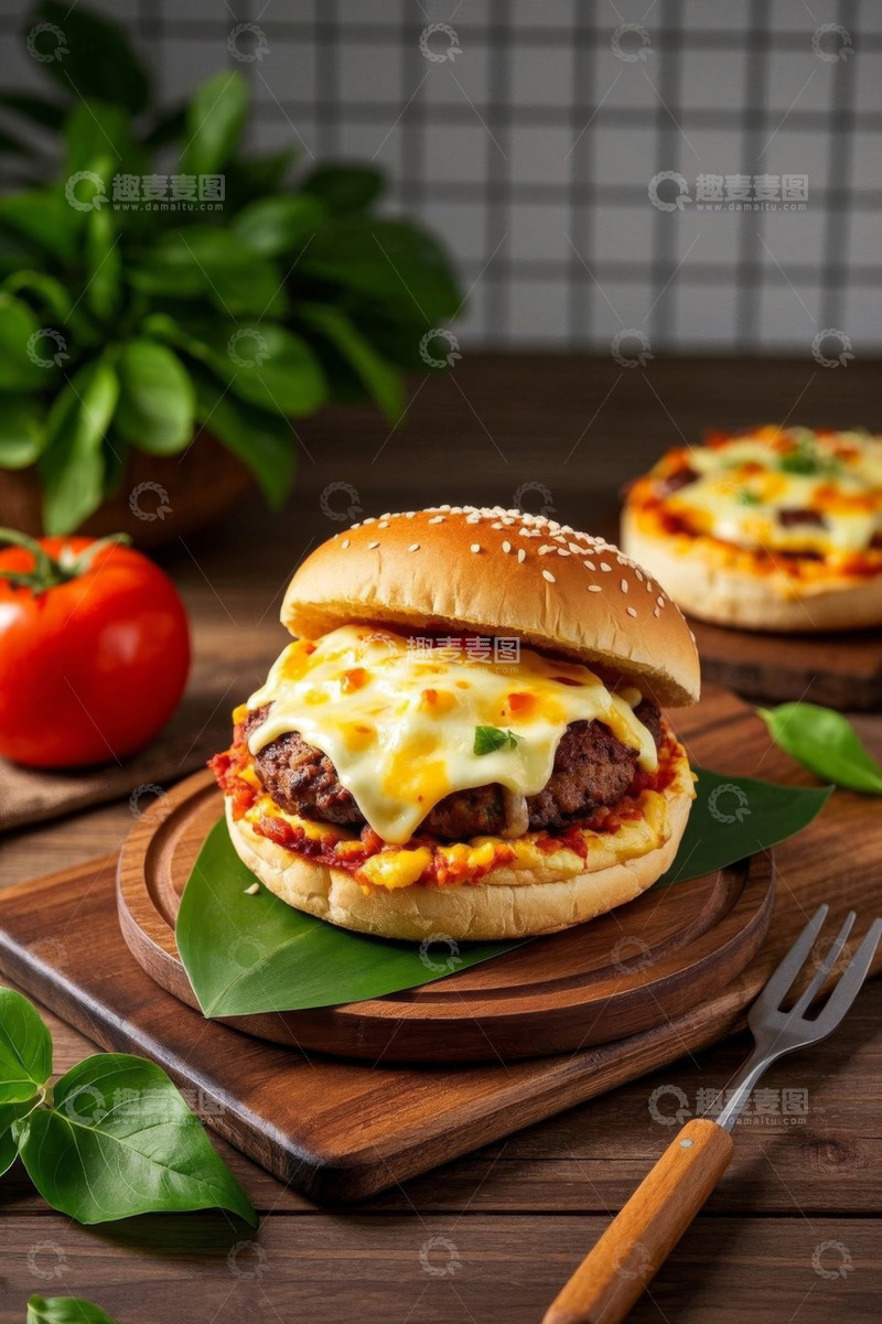 高清大图下载【趣麦麦图】木盘上的芝士牛肉汉堡美食