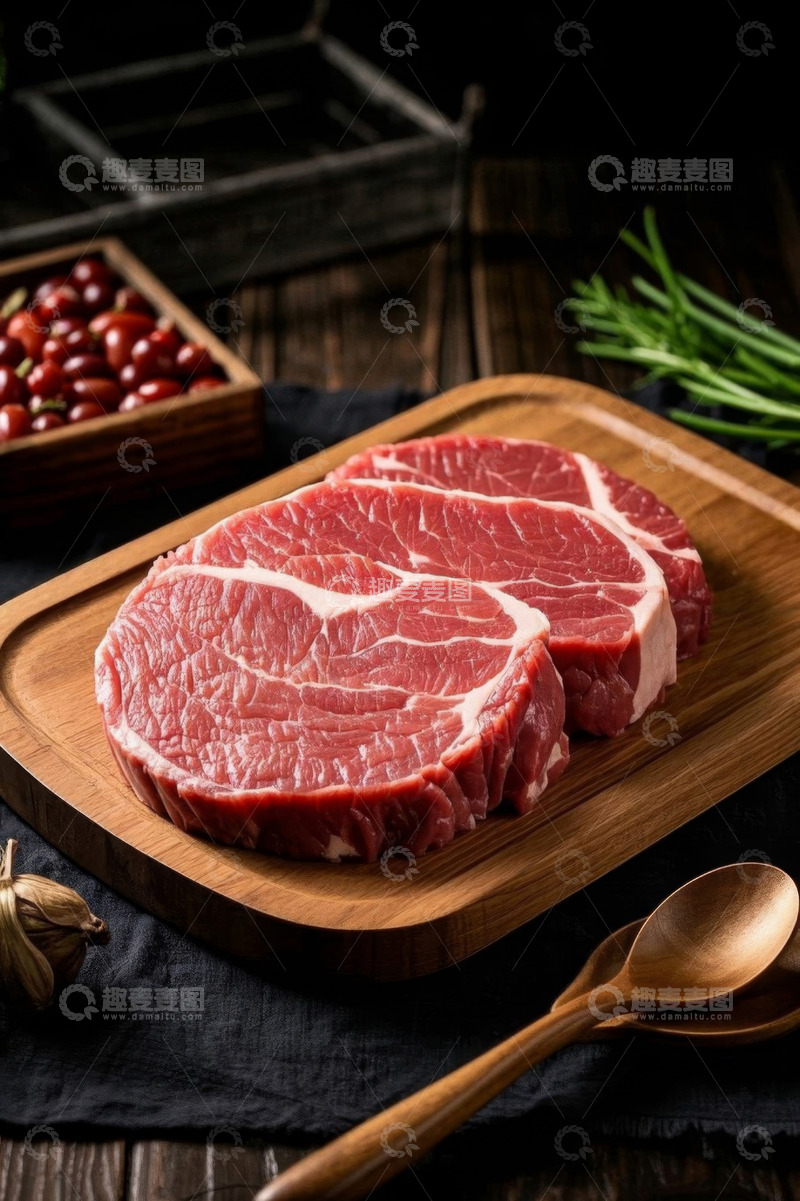 高清大图下载【趣麦麦图】木盘上的新鲜生牛排