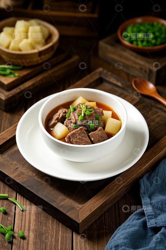 木桌摆盘牛肉炖土豆美食
