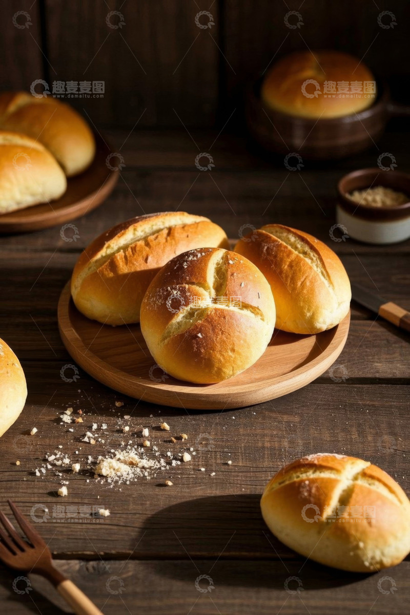 高清大图下载【趣麦麦图】木盘上摆放的美味烘焙面包
