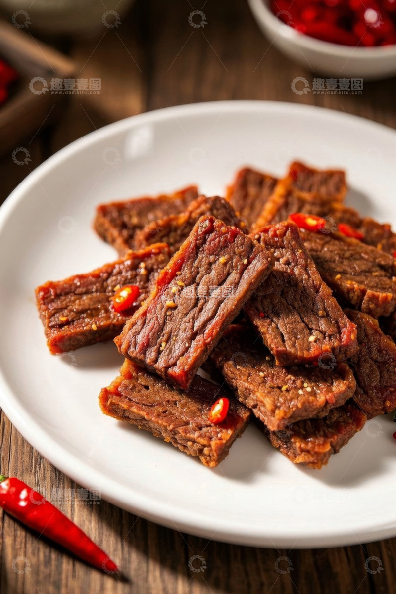 高清大图下载【趣麦麦图】盘中美味牛肉干特写