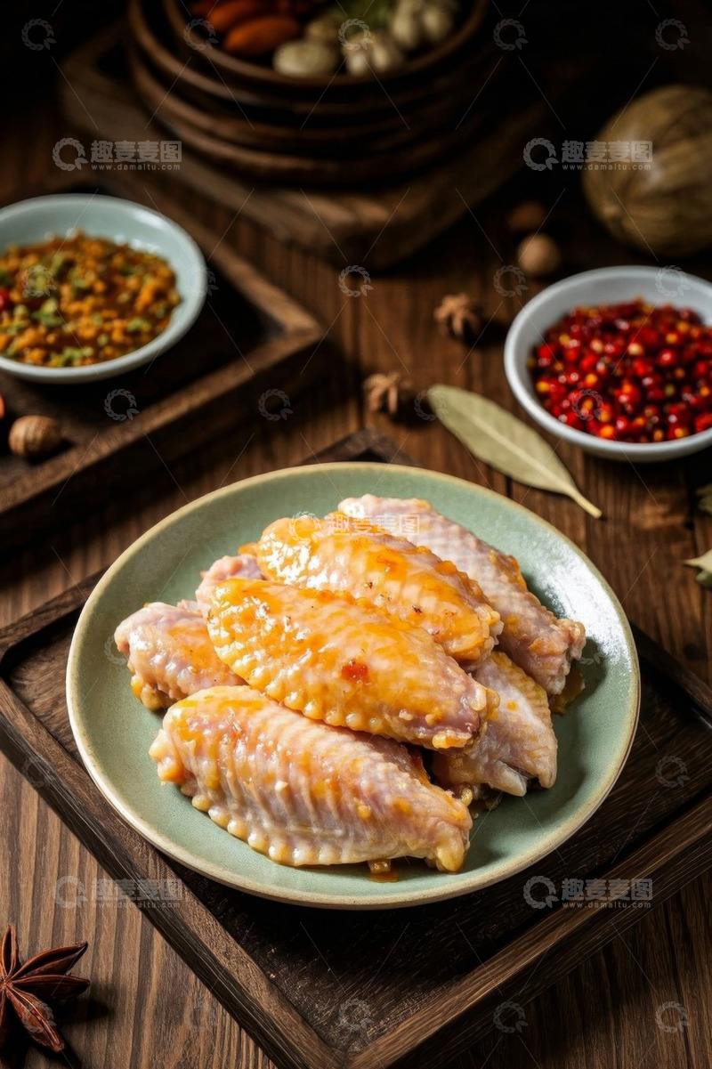 高清大图下载【趣麦麦图】木盘上的腌制鸡翅与调料
