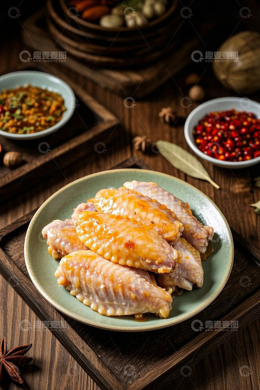 木盘上的腌制鸡翅与调料