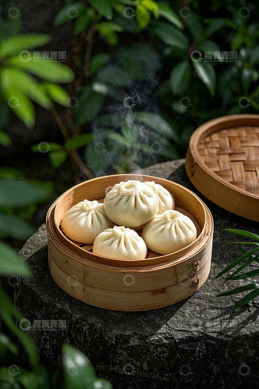 户外石上竹笼装的热气腾腾包子
