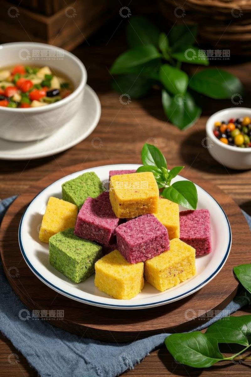 高清大图下载【趣麦麦图】多彩糕点摆放在木桌场景