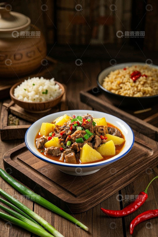 木桌摆放土豆炖肉及米饭
