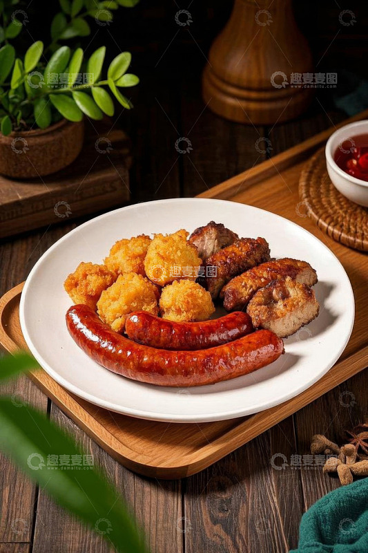 盘中香肠烤肉等美食静物