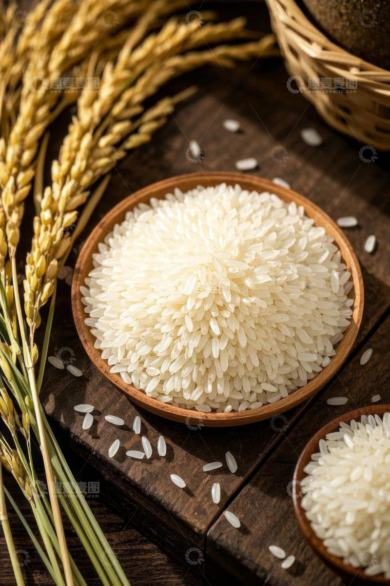 高清大图下载【趣麦麦图】木盘盛放的大米与稻穗特写