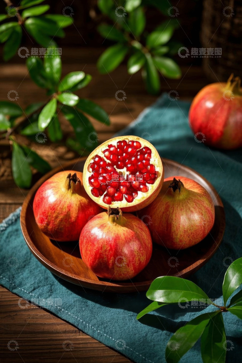 高清大图下载【趣麦麦图】木盘上摆放的新鲜石榴