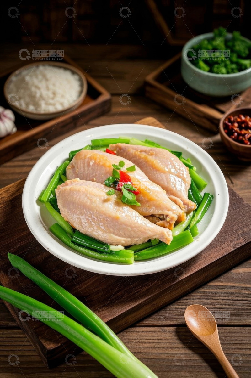 高清大图下载【趣麦麦图】盘中鸡肉搭配青菜摆盘画面